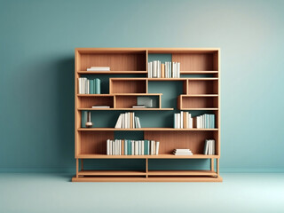Obraz na płótnie Canvas Bookshelf mockup with gradient background. colorful modern wooden shelf with book illustration. 