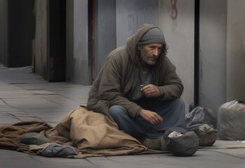 Fototapeta premium Homeless man sitting on street