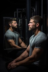 Fototapeta na wymiar Portrait of an individual gazing at a mirror, reflecting a fitter version of themselves, symbolizing fitness aspirations, including copy space