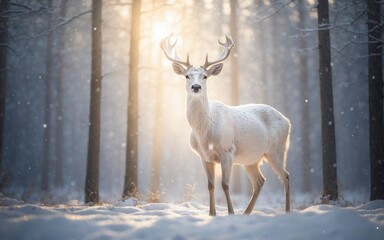 White deer in the winter forest, snowfall and sunrise background