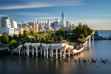 View of downtown Manhattan with the Little Island public elevated park in the foreground. New York...