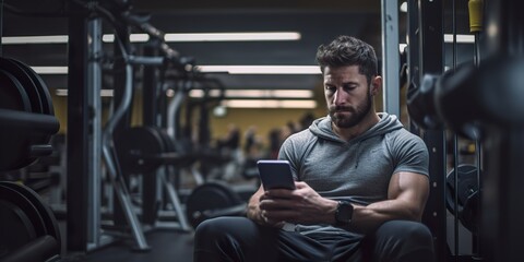 Portrait of an individual procrastinating on fitness goals, surrounded by gym equipment but distracted by a phone, with copy space