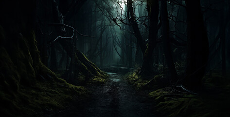 dark forest in the fog, forest in the night, dark forest in the night, dark woods with path leading...