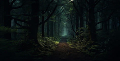 forest in the night, dark forest in the night, dark woods with path leading through, 