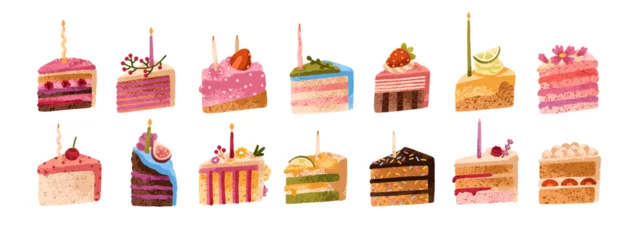Fotobehang Birthday cake pieces, cut slices. Holiday desserts portions set. Sweet party food. Tasty pastry with candles, decorations, cream. Colored flat vector illustrations isolated on white background © Good Studio