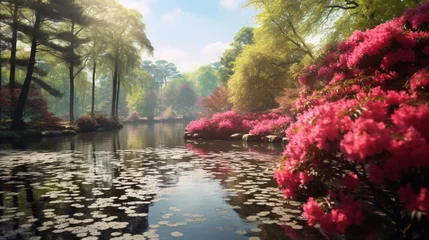 A tranquil pond surrounded by vibrant azaleas in full bloom, their colorful blossoms mirrored in the still waters. © Zabi 