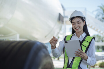Woman engineer in white hardhat standing and holding tablet working aircraft maintenance mechanics moving through hangar.