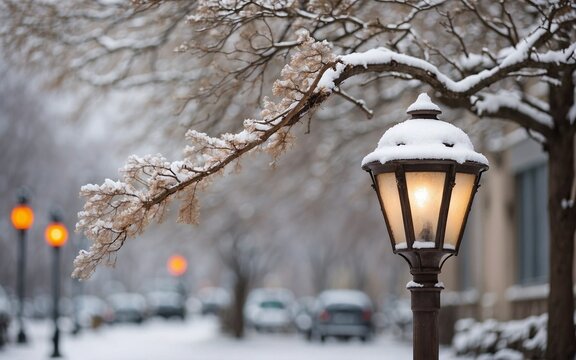 Closeup street lamp in the snow, blurred city scene background