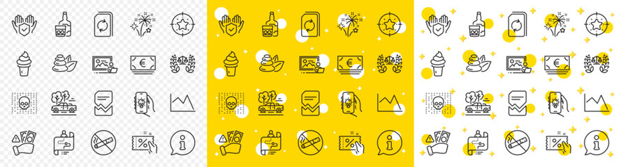 Outline Pickup, Fraud and Update document line icons pack for web with Corrupted file, Ice cream, Insurance hand line icon. Spa stones, Fireworks, Star target pictogram icon. Vector