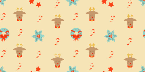 Seamless pattern with Christmas elements. Repeatable pattern design for winter holidays in retro style. For wrapping paper, wallpaper, textile, poster background. Vector illustration.