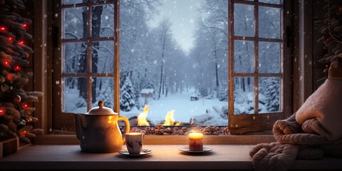 Fototapeta na wymiar Warm and cozy winter scene with a fireplace, hot cocoa, and a snow-covered window