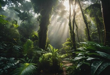 AI-generated illustration of a vibrant, tropical rainforest scene illuminated by a sunbeam - obrazy, fototapety, plakaty