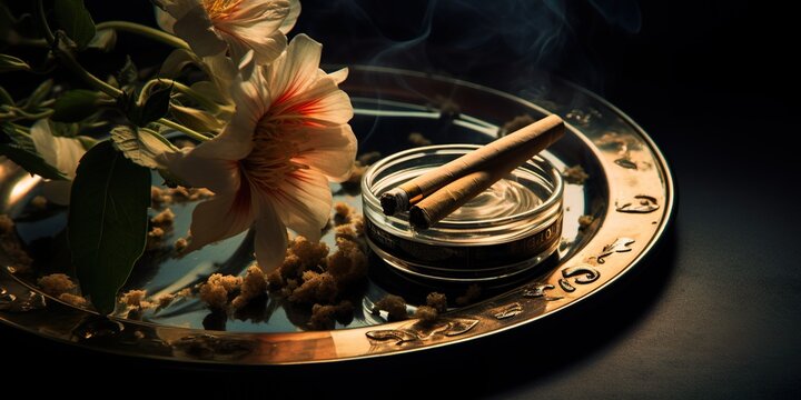 Still life of a snuffed out cigarette in an ashtray, with a fresh flower symbolizing a new beginning