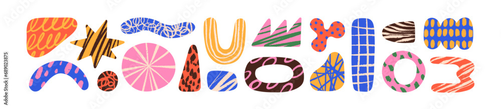 Aufkleber Abstract doodle shapes set. Modern cute geometric design elements with trendy creative scribble textures, lines and hand-drawn patterns. Colored flat vector illustrations isolated on white background