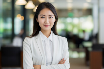 An asian woman radiant professional in elegant attire exudes warmth in a contemporary office