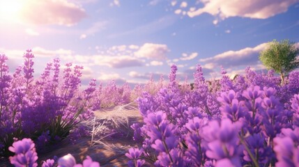 A vibrant field of lavender in full bloom, its fragrant purple blossoms swaying gently in the...