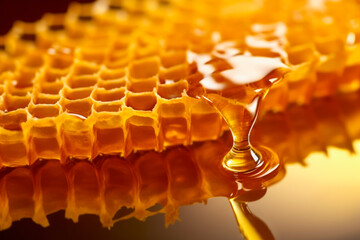 Close-up of golden honey dripping slowly from a full honeycomb.