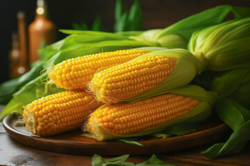 Fresh Golden Corn Cobs on a Rustic Wooden Table