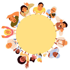 Obraz premium Happy people standing in circle looking up top view