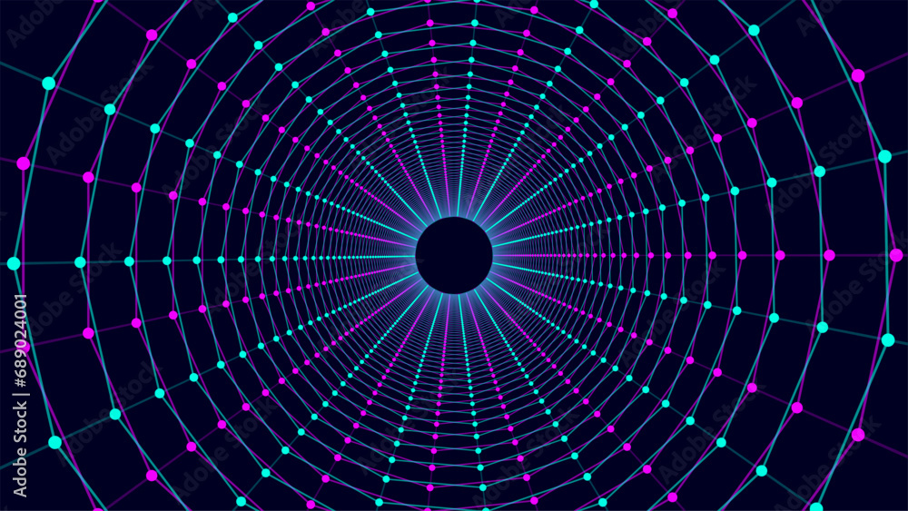 Poster Abstract 3d portal. Circle tunnel or wormhole. Digital background with connected blue dots and lines. Vector illustration.