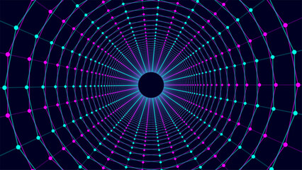 Abstract 3d portal. Circle tunnel or wormhole. Digital background with connected blue dots and lines. Vector illustration.