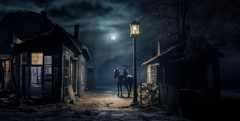 person walking in the night, spooky dead end street with a lonely horse - obrazy, fototapety, plakaty