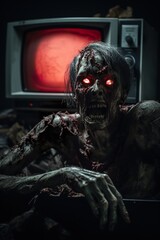 Zombie with glaring red eyes, crawling out of a broken television in a dark room