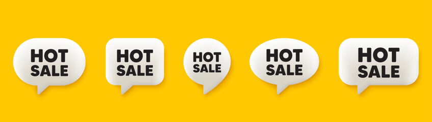 Hot Sale tag. 3d chat speech bubbles set. Special offer price sign. Advertising Discounts symbol. Hot sale talk speech message. Talk box infographics. Vector