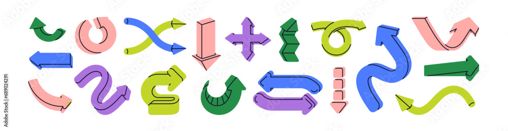 Fototapete Curved arrows designs set. Pointers elements in doodle style, twisted shape, turning, pointing at direction, undo, download, shuffle. Flat graphic vector illustrations isolated on white background