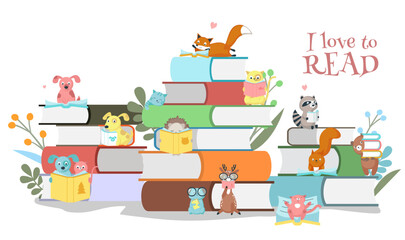Love to read book festival poster with cute tiny animals and textbook stack