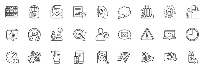 Icons pack as Bell alert, Photo camera and Touchscreen gesture line icons for app include Search document, Time, Leadership outline thin icon web set. Messenger, Laptop insurance. Vector