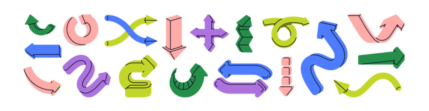 Curved arrows designs set. Pointers elements in doodle style, twisted shape, turning, pointing at direction, undo, download, shuffle. Flat graphic vector illustrations isolated on white background