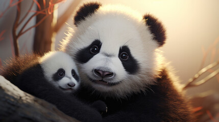 Fototapeta premium Cute panda with baby looking straight at the camera