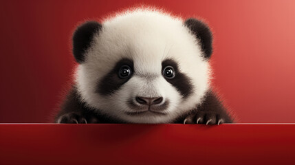 Cute panda baby looking straight at the camera, red background