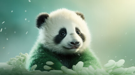 Cute panda baby looking straight at the camera in green background