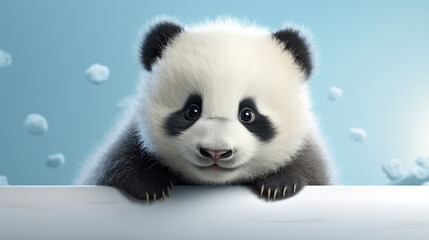 Cute panda baby looking straight at the camera in blue background