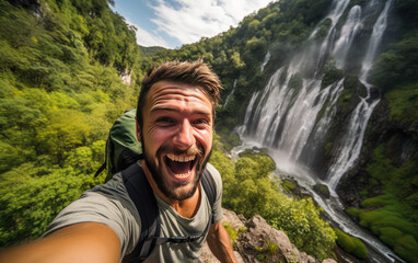 tourist man take selfie with a waterfall