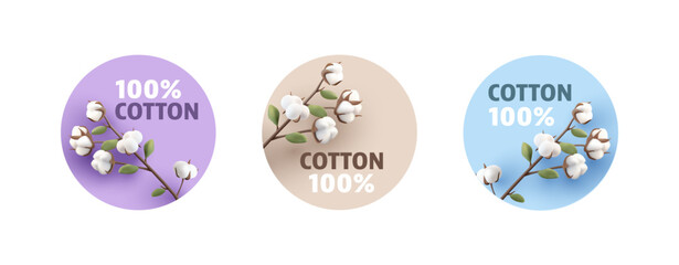 100 cotton emblem package icon set with 3d render illustration of cotton branch with fluffy flowers