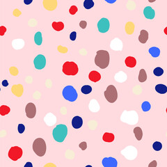 Seamless vector pattern pink background with multi-colored spots and dots drawn by hand. Bright confetti
