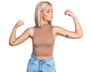 Beautiful young blonde woman wearing casual style with sleeveless shirt showing arms muscles smiling proud. fitness concept.