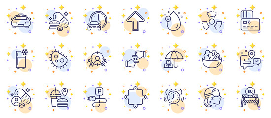 Outline set of Vitamin e, Chemical hazard and Salad line icons for web app. Include Eu close borders, Fast food, Bacteria pictogram icons. Insomnia, Click hands, Charging parking signs. Vector