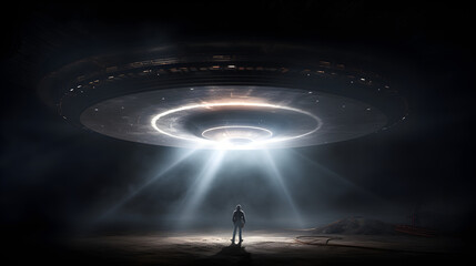 Alien stand under the spotlight of a flying saucer