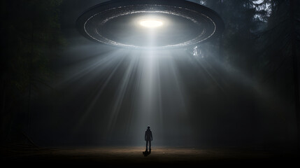 Alien stand under the spotlight of a flying saucer