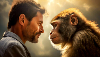 Face to face between a monkey and a man. Close-up of a man with a beard and mustache and a monkey, seen in profile looking at each other and comparing.
