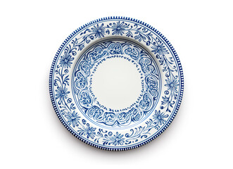 White plate with blue ornaments isolated on white background
