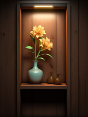 illuminated niche in the wall with a vase of flowers