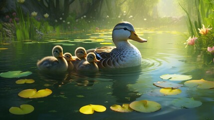 A lively family of ducks gliding across a serene pond, surrounded by budding willows and vibrant water lilies.