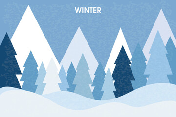 Winter landscape with geometric fir trees on a blue background. Winter. - 689026006