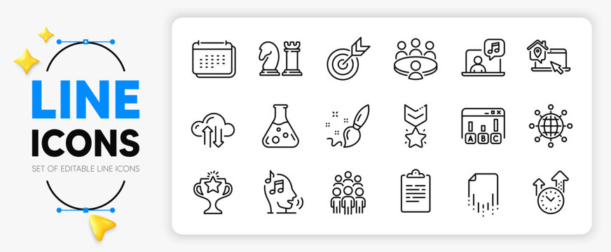 Paint brush, Target and Voicemail line icons set for app include Music, Work home, Recovery file outline thin icon. Winner medal, Time management, Chemistry lab pictogram icon. Vector