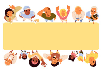 Positive people of different age and nationality standing in rectangle top view